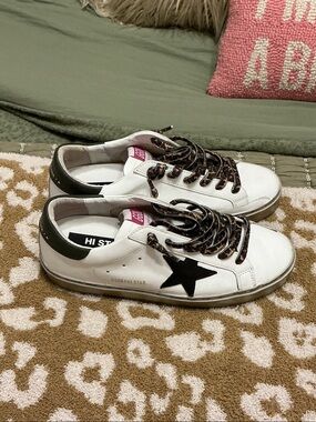 Golden Goose White Sneakers with Black Star and Green Heel